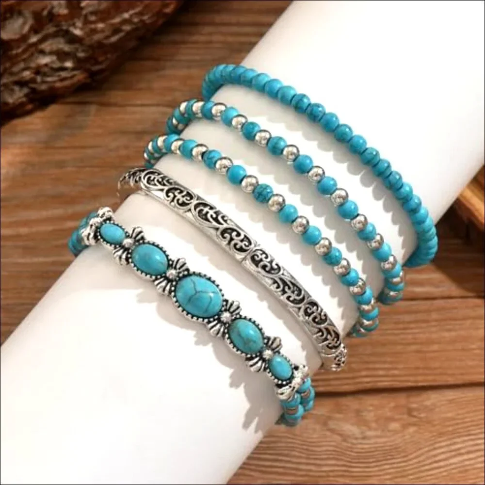 Stretch Turquoise Beaded Bracelet Set, Boho Western Stackable Jewelry - Picture 5 of 7